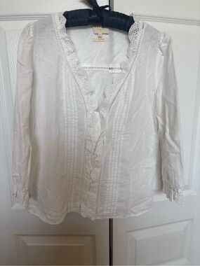 Sezane White Eyelet V-Neck Cotton Blouse